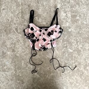 Romwe Floral Embroidered Satin Bustier Cami Top- Medium